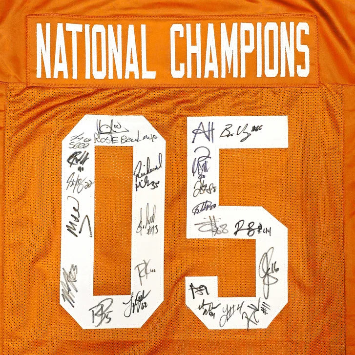 2005 CFB National Champions Texas Longhorns Autographed Framed Orange Jersey With 24 Signatures - Beckett Authenticated