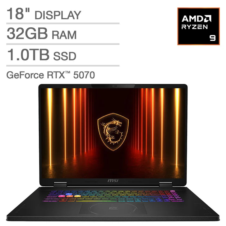 MSI Crosshair A18 HX 18" Gaming Laptop - AMD Ryzen 9 8940HX - NVIDIA RTX 5070 - 2560x1600 - 32GB RAM - 1TB SSD - Windows 11