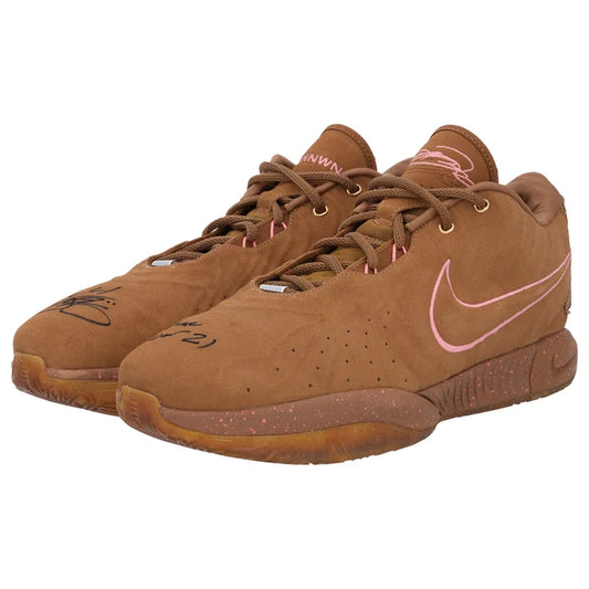 LeBron James Autographed Los Angeles Lakers Game-Used Brown Nike Shoes vs. Philadelphia 76ers with "Prime Year 21" Inscription