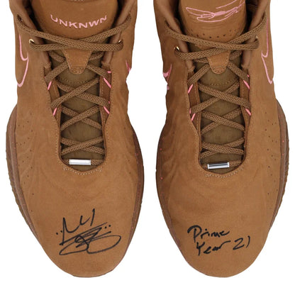 LeBron James Autographed Los Angeles Lakers Game-Used Brown Nike Shoes vs. Philadelphia 76ers with "Prime Year 21" Inscription