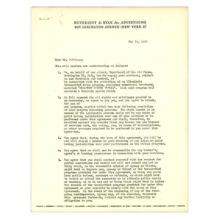Jackie Robinson Autographed 1956 Greatest Sports Thrill Contract Brooklyn Dodgers Beckett Authenticated