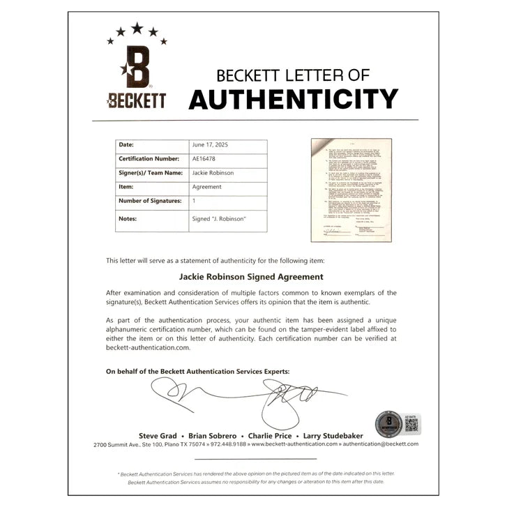 Jackie Robinson Autographed 1956 Greatest Sports Thrill Contract Brooklyn Dodgers Beckett Authenticated