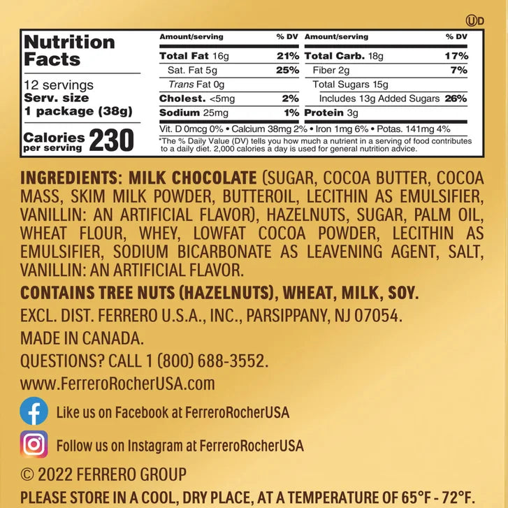Ferrero Rocher, Milk Chocolate Hazelnut Candy, 1.3 oz, 3-count, 12-pack