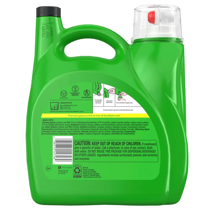 Gain +Oxi Liquid Laundry Detergent, Original, 159 Loads, 170 fl oz