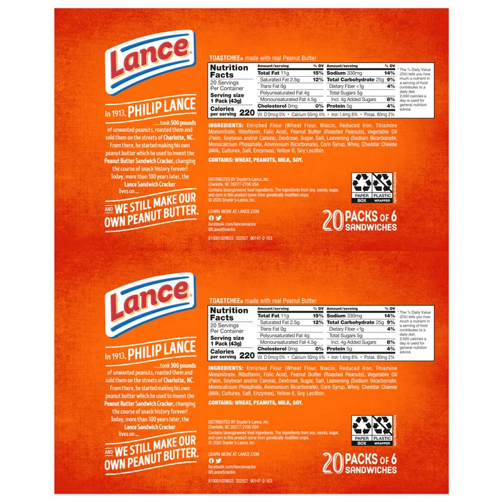 Lance Sandwich Crackers, Toastchee, 1.52 oz, 40-count