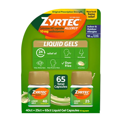 Zyrtec 24 Hour Allergy Relief Antihistamine Cetirizine HCl 10 mg, 65 Liquid Gels