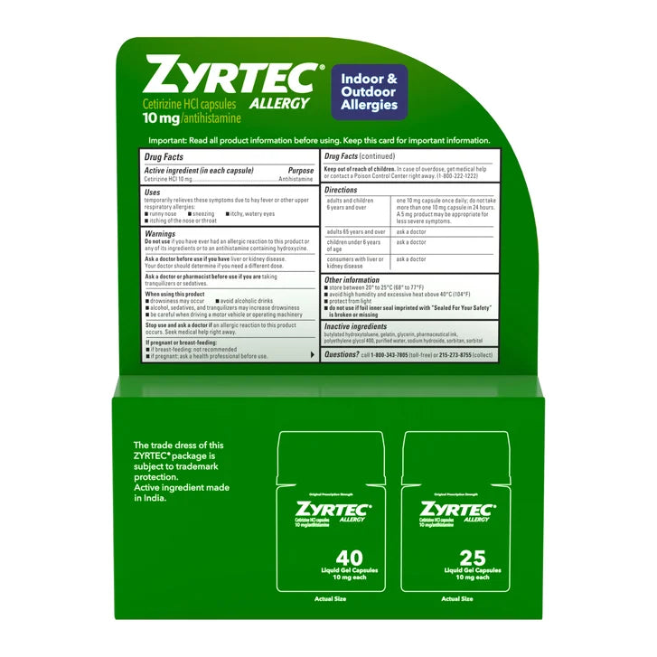 Zyrtec 24 Hour Allergy Relief Antihistamine Cetirizine HCl 10 mg, 65 Liquid Gels