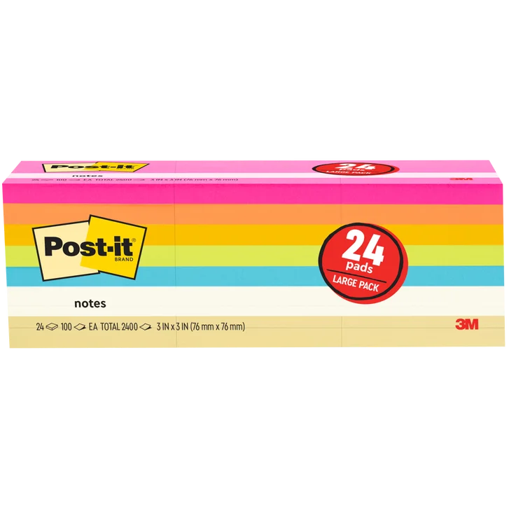 Post-it Notes, 3” x 3”, Assorted Bright Colors, 100 Sheets, 24 Pads