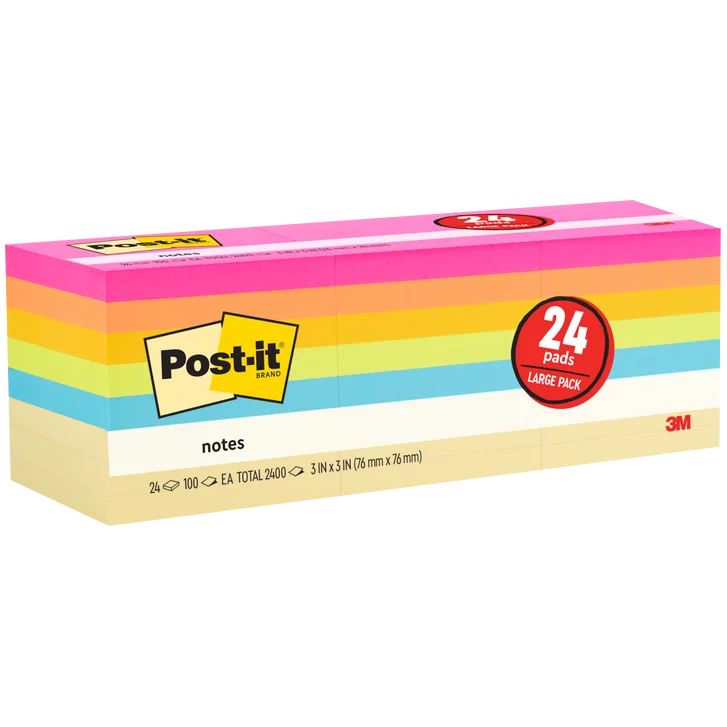 Post-it Notes, 3” x 3”, Assorted Bright Colors, 100 Sheets, 24 Pads