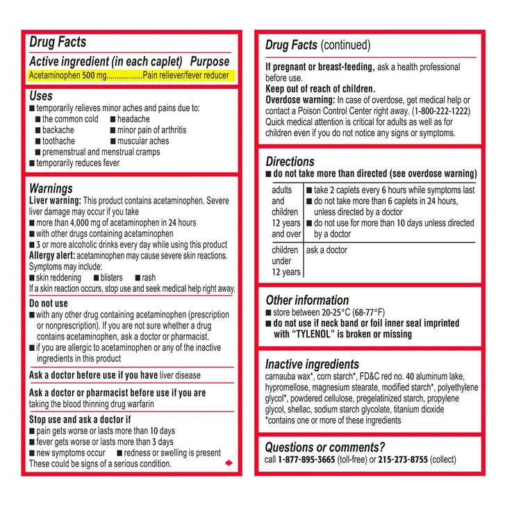 Tylenol Extra Strength Acetaminophen 500 mg, Fever Reducer & Pain Reliever, 325 Caplets