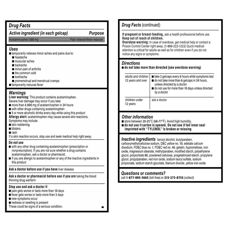 Tylenol Extra Strength Acetaminophen 500 mg, Pain & Fever Relief, 290 Rapid Release Gelcaps
