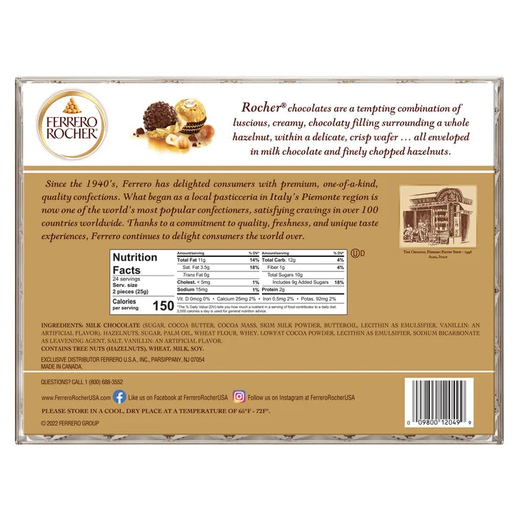 Ferrero Rocher, Milk Chocolate Hazelnut Candy, 21.2 oz, 48 Count