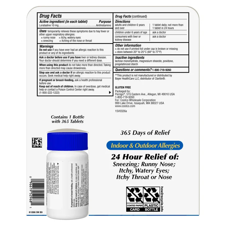 Kirkland Signature Non-Drowsy AllerClear Antihistamine 10 mg., 365 Tablets