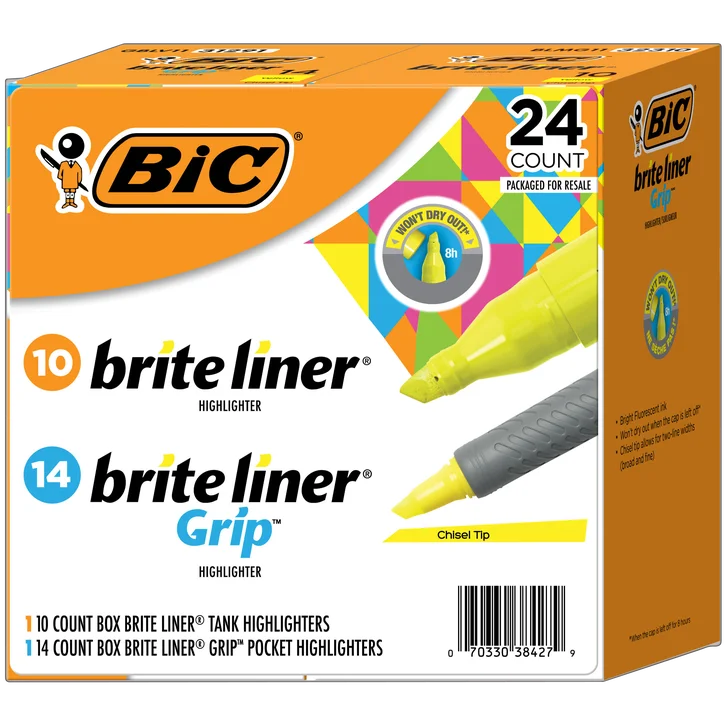 BIC Brite Liner Highlighter Combo Pack, Chisel Tip, Fluorescent Yellow, 24-count