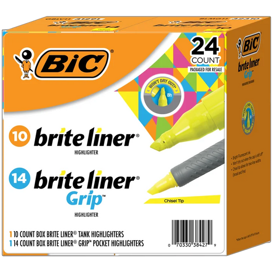 BIC Brite Liner Highlighter Combo Pack, Chisel Tip, Fluorescent Yellow, 24-count