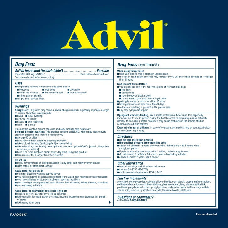 Advil Ibuprofen 200 mg., Pain Reliever/Fever Reducer, 360 Tablets