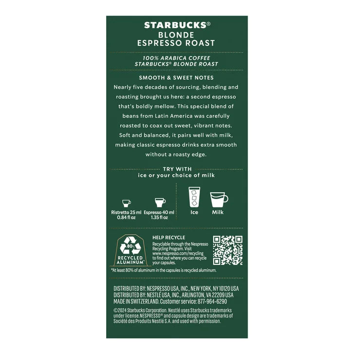 Starbucks by Nespresso Blonde Espresso Roast Capsules, 60 Count