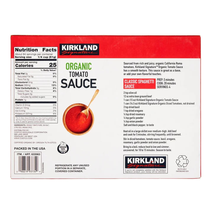 Kirkland Signature, Organic Tomato Sauce, 15 oz, 12-Count