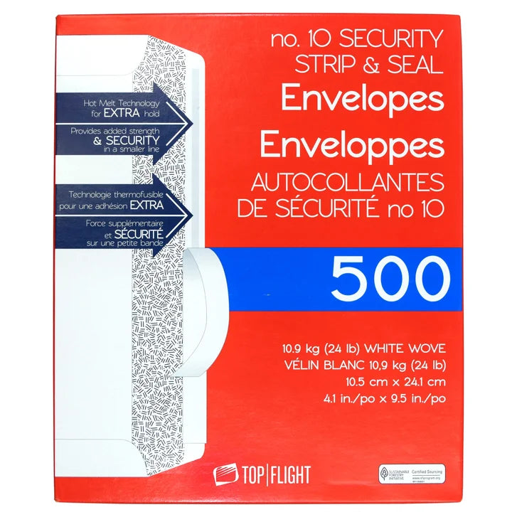 Top Flight #10 Security Strip & Seal Envelopes, 24lb, 4 1/8"x9 1/2" 500-count