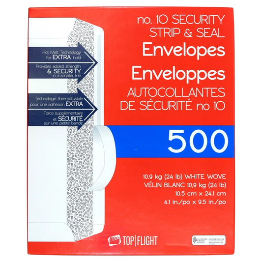 Top Flight #10 Security Strip & Seal Envelopes, 24lb, 4 1/8"x9 1/2" 500-count