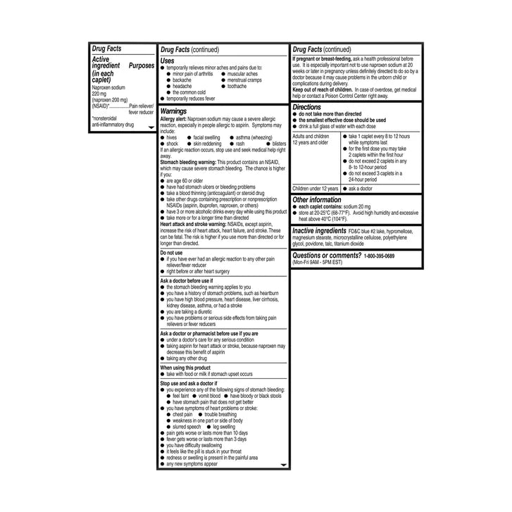 Aleve Naproxen Sodium 220 mg. Pain Reliever/Fever Reducer, 320 Caplets