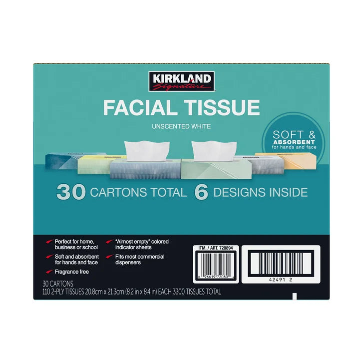 Kirkland Signature Facial Tissue, 2-Ply, 110-count, 30-pack