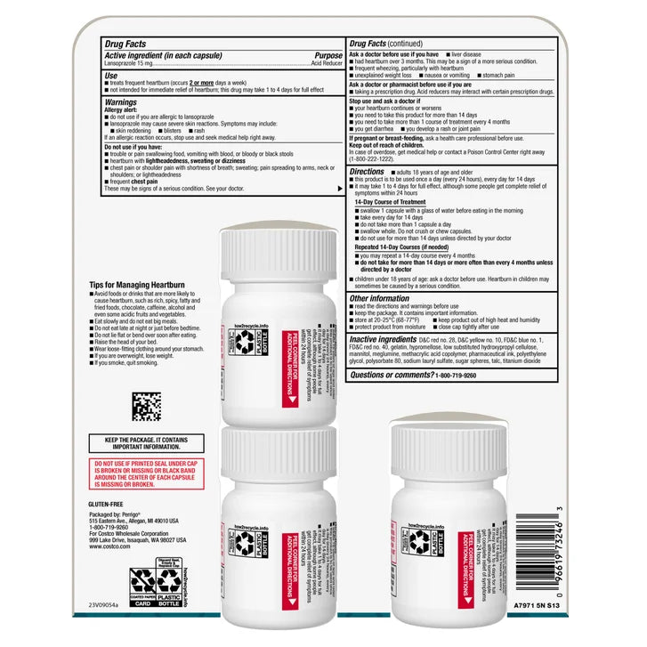 Kirkland Signature Lansoprazole 15 mg. Acid Reducer, 42 Capsules