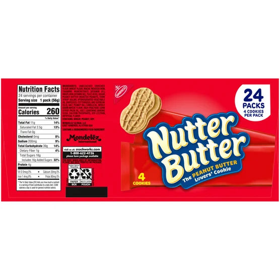 Nutter Butter Sandwich Cookies, 1.9 oz, 24-count