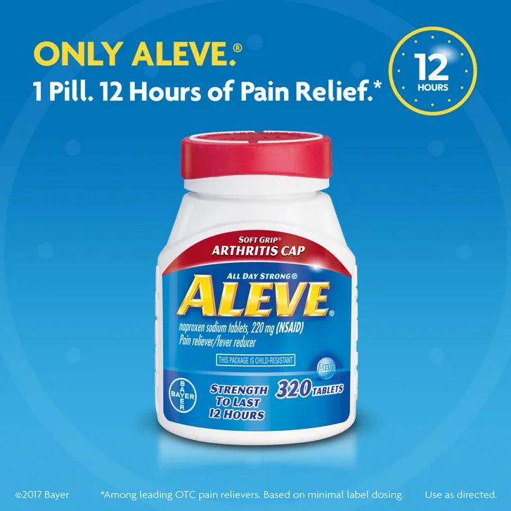Aleve Naproxen Sodium 220 mg. Soft Grip Arthritis Cap Pain Reliever/Fever Reducer, 320 Tablets