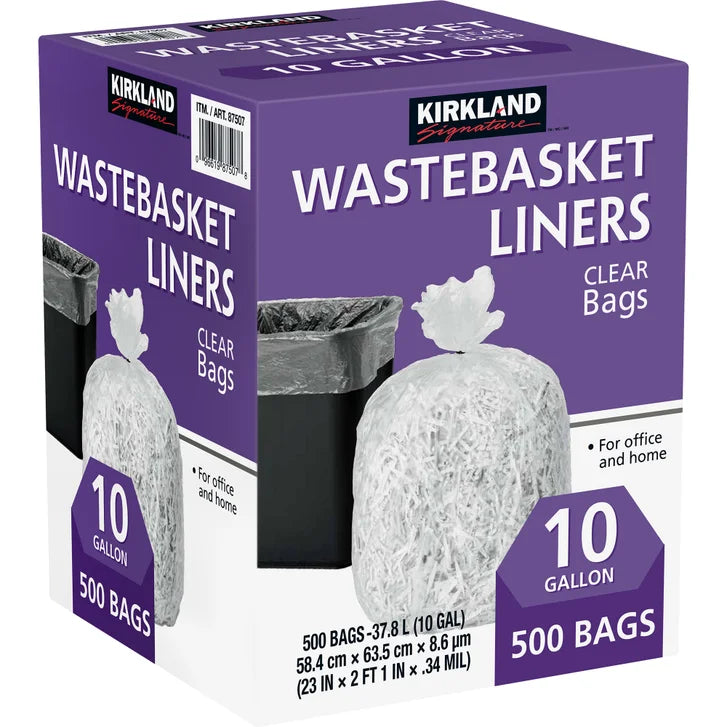 Kirkland Signature 10-Gallon Wastebasket Liner, Clear, 500-count