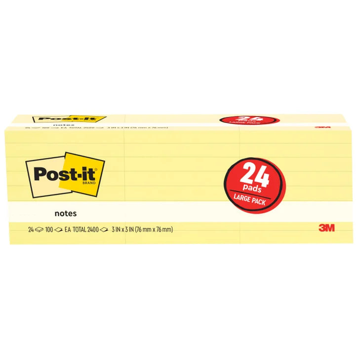 Post-it Notes, Canary Yellow, 3" x 3" 100 Sheets, 24 Pads