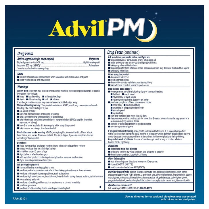 Advil PM, Pain Reliever / Nighttime Sleep Aid, 200 Caplets