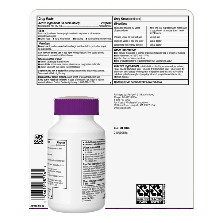 Kirkland Signature Aller-Fex Antihistamine 180 mg., 180 Tablets