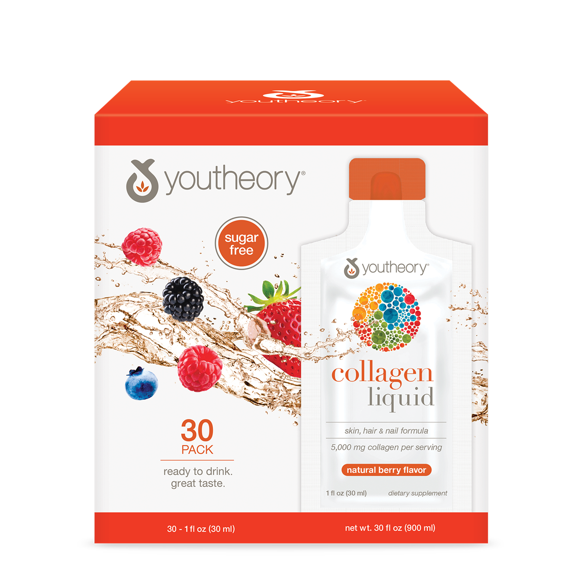 youtheory Collagen Liquid, Berry Flavor, 30 Packets